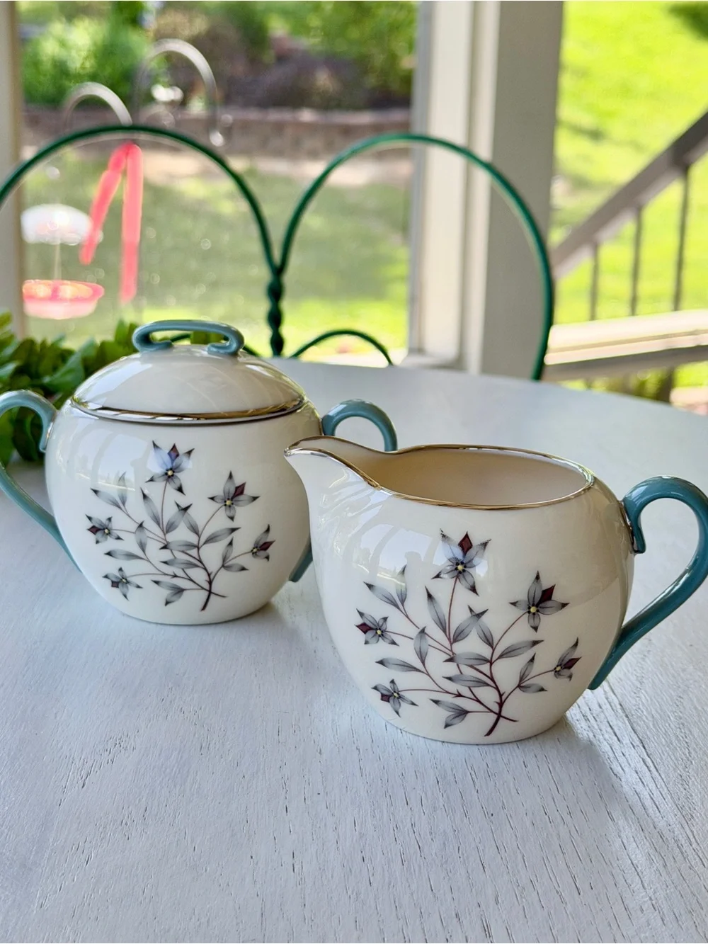 VINTAGE, LENOX, “KINGSLEY”, FINE BONE CHINA, SUGAR BOWL WITH LID & CREAMER.